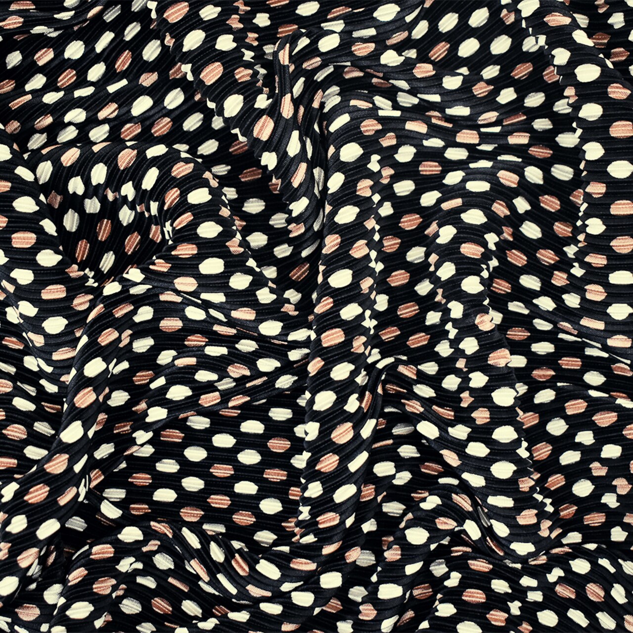 Black-Copper-White Dot Printed Stretch Pressed Pleated Satin Knit Fabric By the Yard